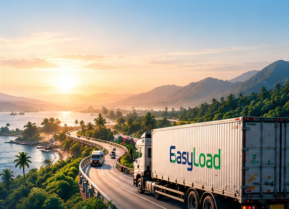 EasyLoad truck on a coastal highway at sunrise